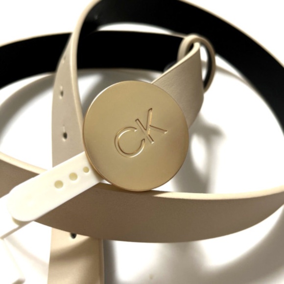 NWT Original CALVIN KLEIN Disk Medallion Belt Gold Buckle Taupe Cream Size M main image 6